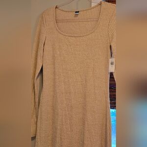 Cream Long Sleeve Ribbed Dress